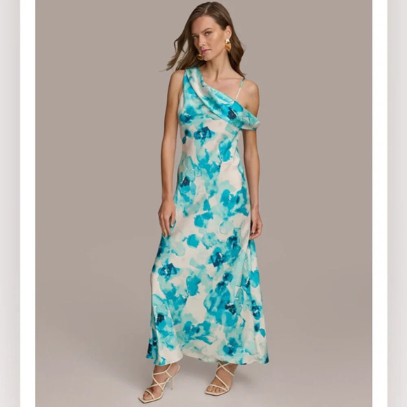 NWT Donna Karan Women's Blue Abstract Floral Printed One-Shoulder Draped Dress 6 - Picture 6 of 11